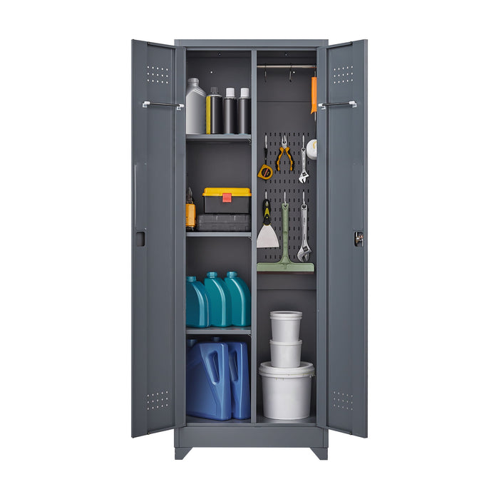 Heavy Duty Storage Cabinet With Locking Doors, Hanging Rod & Shelves, Broom Closet - Gray