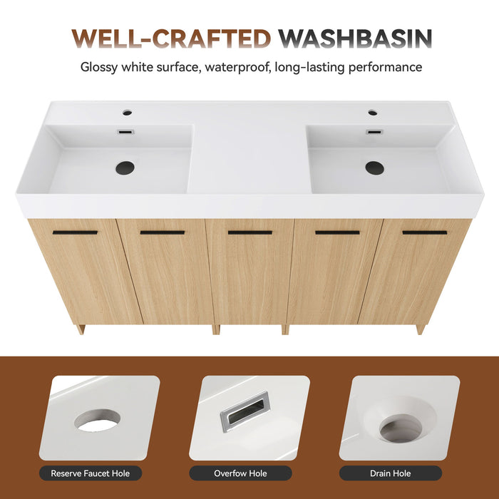 Double Sink Bathroom Vanity Set With Tall Linen Cabinet, Extra Large Storage, Integrated Sink, Freestanding Cabinet - Light Oak / White