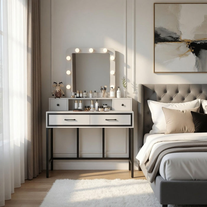 Vanity Desk With 3 Color Lighted Mirror And 4 Drawers