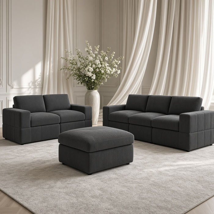 Oversized Modular Sectional Sofa Set With Loveseat & Ottoman, 6 Piece Living Room Furniture - Dark Gray