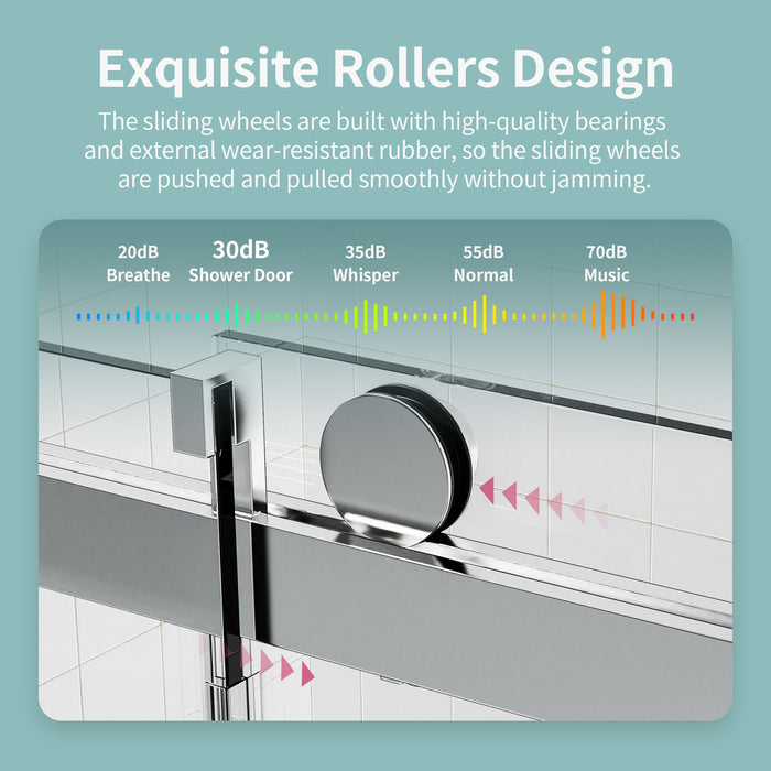 Frameless Sliding Shower Door With Soft- Close, 3 / 8" Tempered Glass
