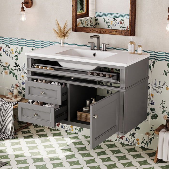 Modern Wall Mounted Floating Cabinet With Double Drawer And Sink