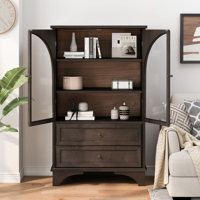 Glass Door Display Case With 2 Drawers And Adjustable Shelf