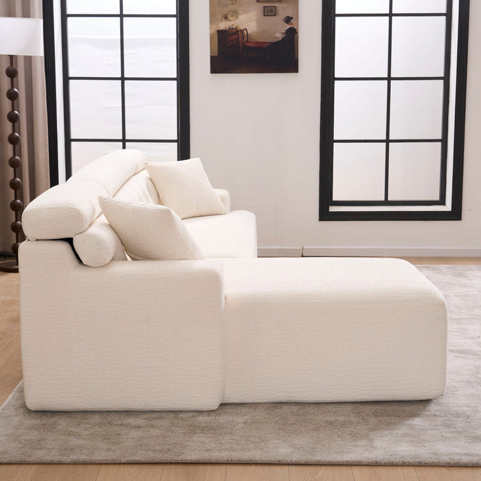 Ly 029B Convertible Chaise Sectional Sofa Full Compression Sponge Modular Couch Cloud 3 Seater Wood Grain Chenille 2 Pillows - Antique White