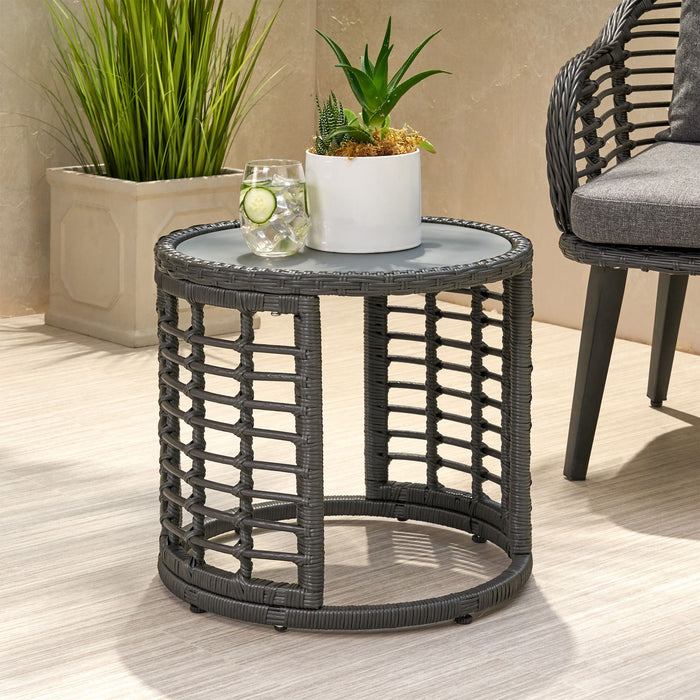 Achill - Outdoor Modern Boho Wicker Side Table With Glass Top - Gray