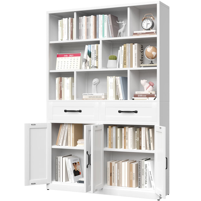 Bookcase Tall With 2 Doors & 2 Drawers, Fixed Open Shelves - White