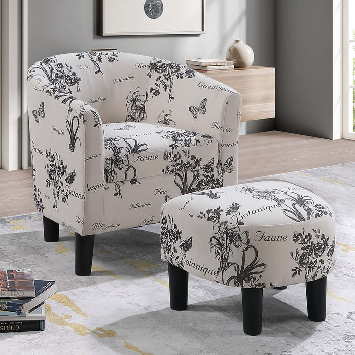 Accent Chair With Matching Ottoman Upholstered Round Backrest, Seating Set - Off White / White