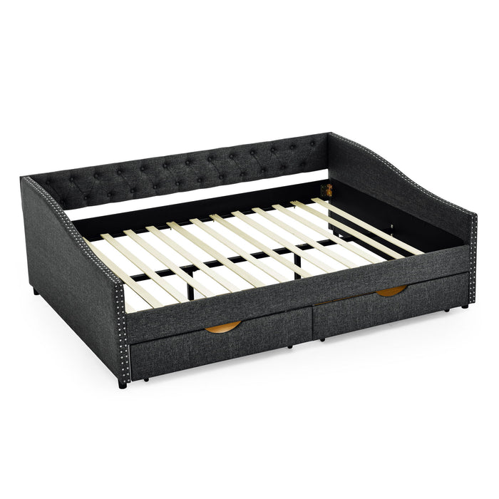 Upholstered Tufted Daybed With 2 Drawers, Waved Arms