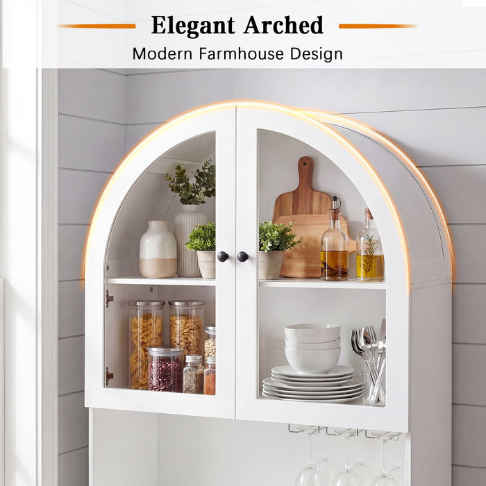 Tall Arched Pantry Cabinet With Charging Station, Adjustable Shelves, Coffee Bar
