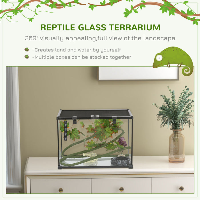 Pawhut - 14 Gallon Reptile Glass Terrarium Tank With Decor Kit Breeding Box Full View With Visually Appealing Sliding Screen Top For Lizards Frogs Snakes Spiders - Black