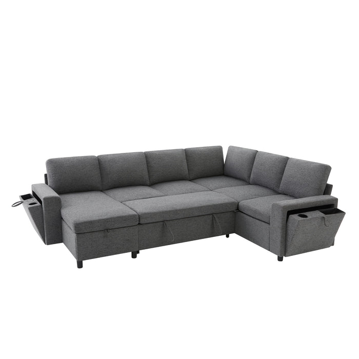U - Shaped Convertible Sectional Sofa Bed With Storage, USB Charger & Cup Holders