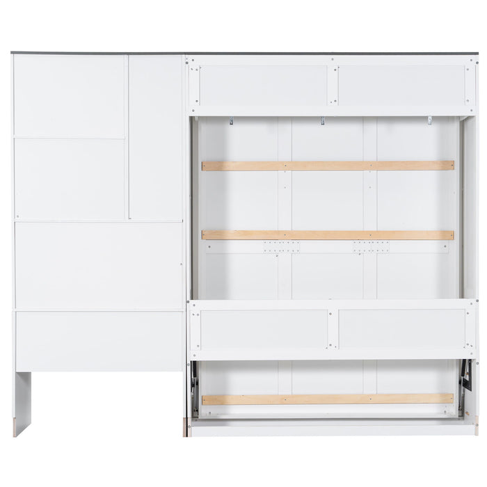 Multi Functional Murphy Bed With Sofa, Desk, And Storage Cabinet, Queen Size - White