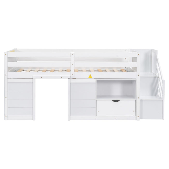 Low Loft Bed With Stair, Drawer, And Shelf