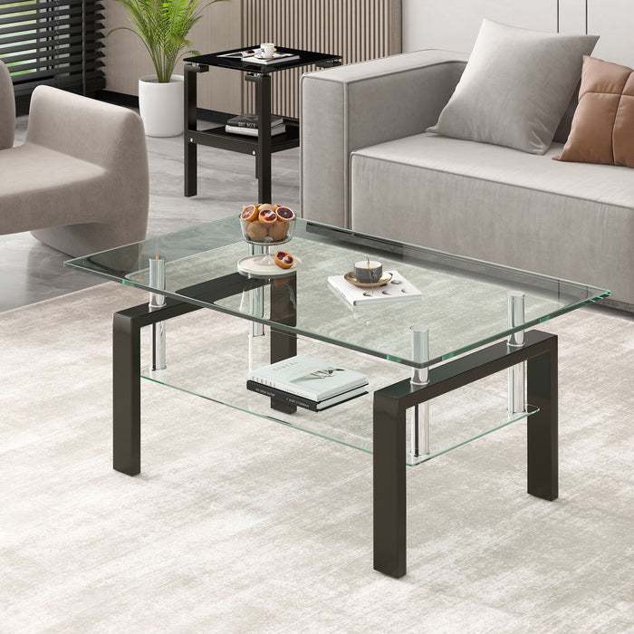 Tempered Clear Glass Coffee Table, 2-Layers Coffee Table Living Room Center Table - Black