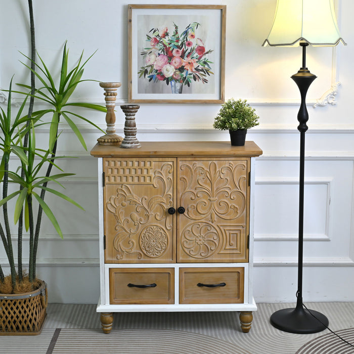 Accent Flower Carved Door Sideboard Cabinet With 2 Drawers For Kitchen - Natural Wood Wash / White
