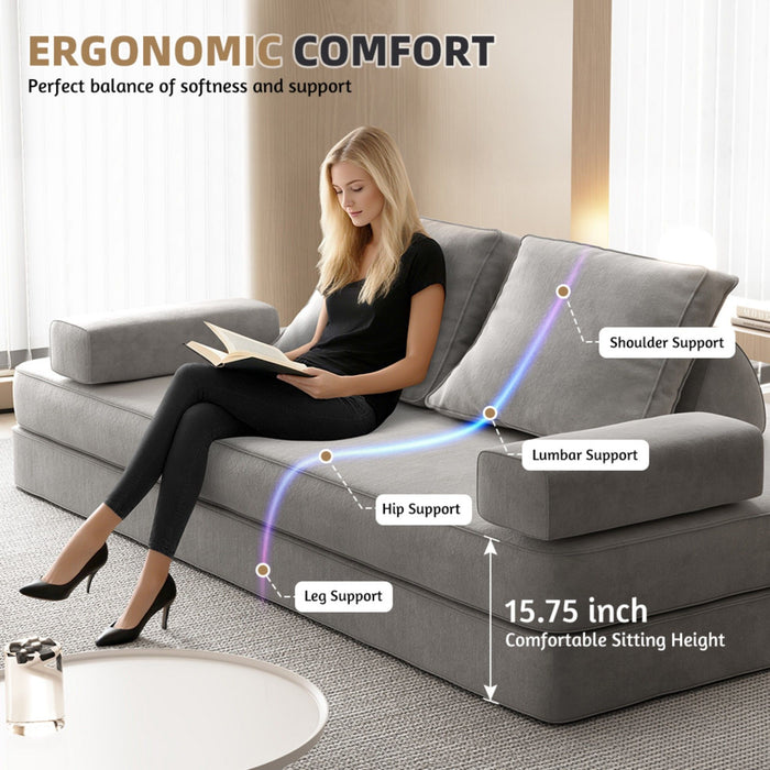 Multifunctional Convertible Sofa Bed With 2 Tumbler Backrests And 2 Pillows, Deep Seat Couch