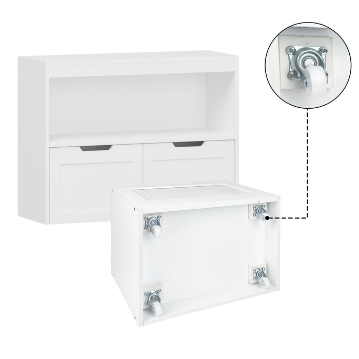 Book Organizer With Large Drawers And Open Shelves, Toy Storage Cabinet With Removable Wheels And Rounded Edges - White