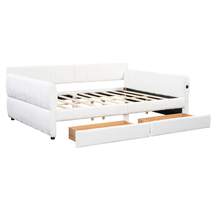 Queen Upholstered Platform Bed With USB Charging And 2 Storage Drawers - White