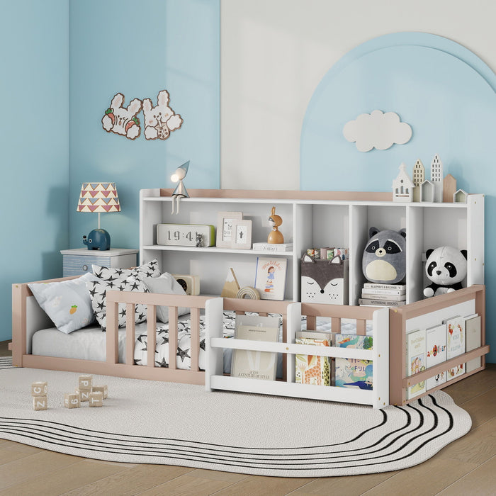 Platform Bed Frame With Guardrail, Storage Shelves & Bookshelf
