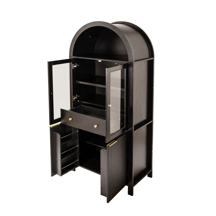 Fluted Tall Arched Pantry Cabinet With Adjustable Shelves, Glass Door & Hidden Drawer For Kitchen