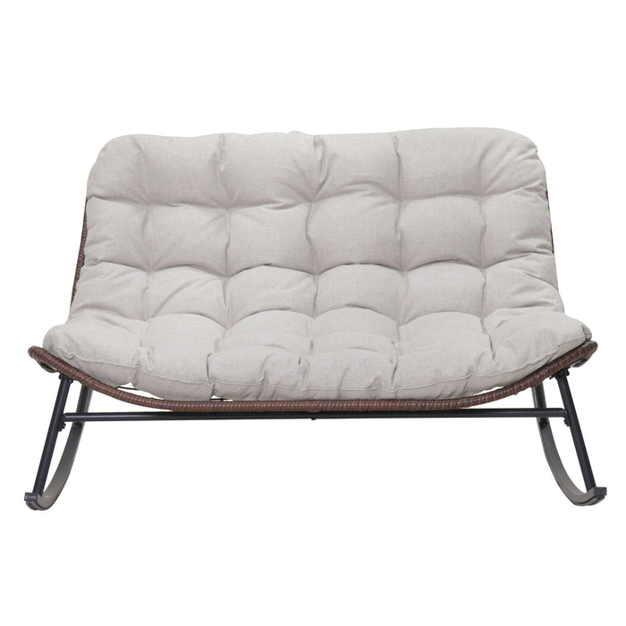 Double Wide Rocking Papasan Chair, 2 Person Outdoor Lounge Seating - Acacia Wood / Beige