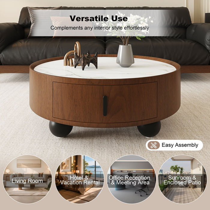 Round Coffee Table With Ball Feet, Pull Handle Storage Drawer - Bouguer Walnut / Brown