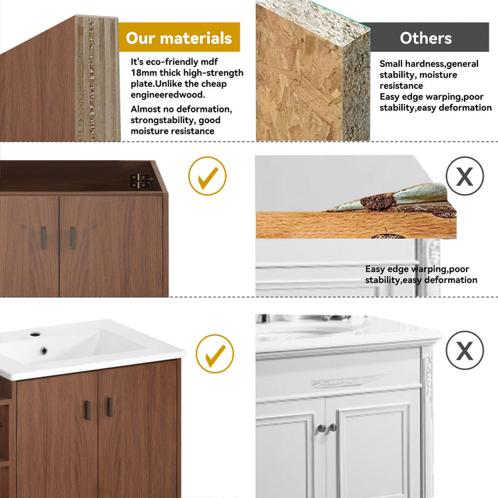 Soft Close Doors Bathroom Vanity With Small Storage Shelves, 24" And 12" Combination Cabinet - Reddish Brown