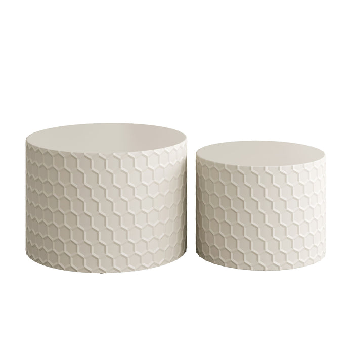 Minimalist Honeycomb Nesting Coffee Table Set, Round Drum Circle Table (Set of 2) - Beige