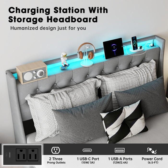Platform Bed Frame With RGB LED Lights, Charging Station, Storage Headboard & 4 Underbed Drawers