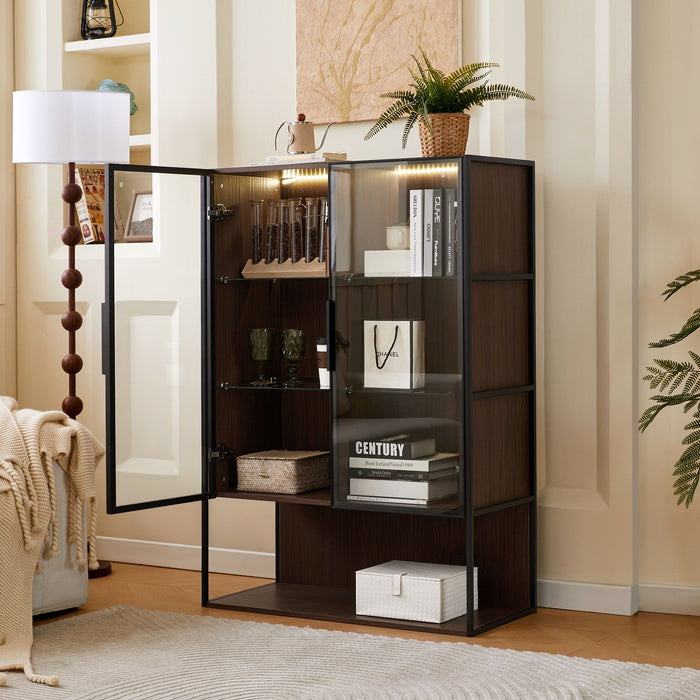 Modern Minimalist Tall Lighted Display Cabinet With Tempered Glass Door - Black / Dark Walnut