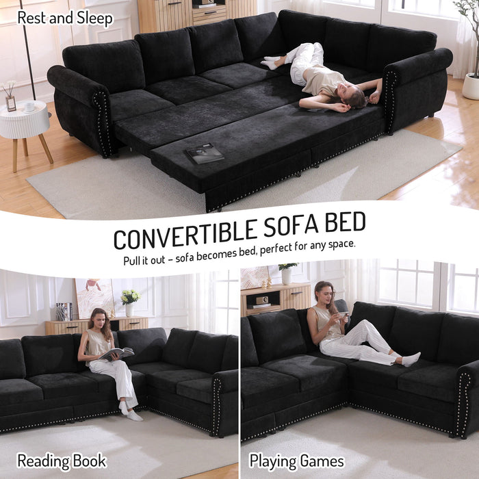 L-Shaped Sofa Couch With Pull Out Bed With Nailhead Trim & Rolled Arm