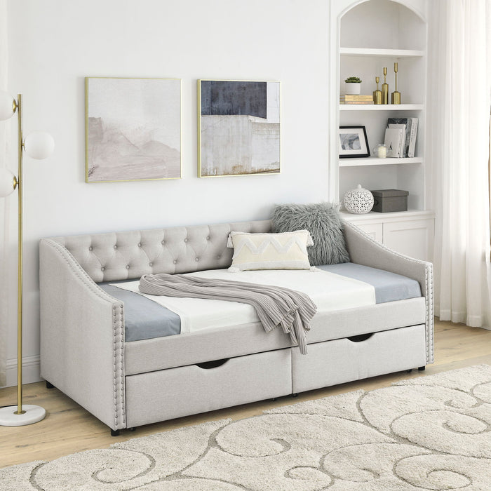 Upholstered Tufted Daybed With 2 Drawers, Waved Arms