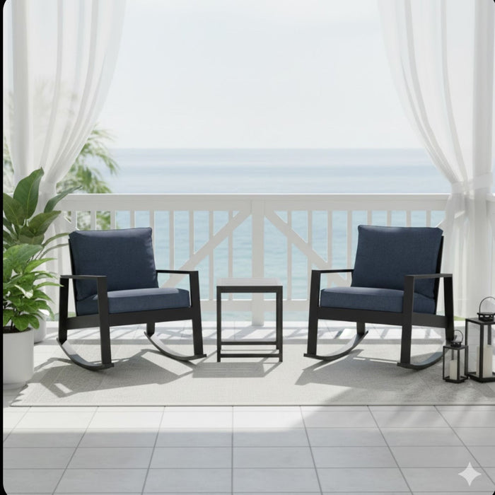 Outdoor Rocking Bistro Set Of 3, Oversized Rocking Chairs With Cushions And Side Table - Black / Blue