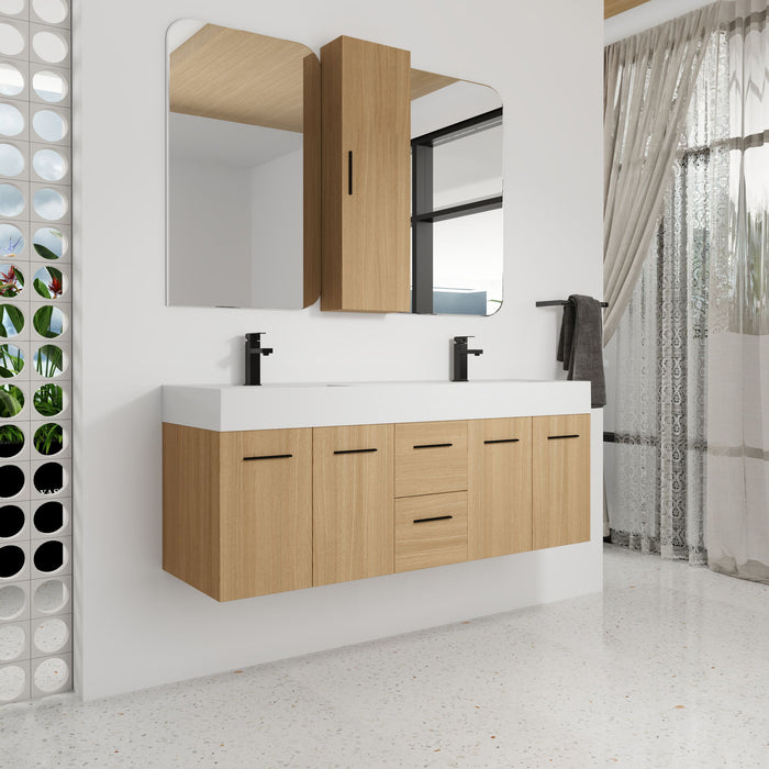 Floating Double Sink Bathroom Vanity Set With Tall Linen Cabinet, Drawers And Doors, Extra Large Storage, Integrated Sink, Soft Close Hardware - Glossy White / Light Oak