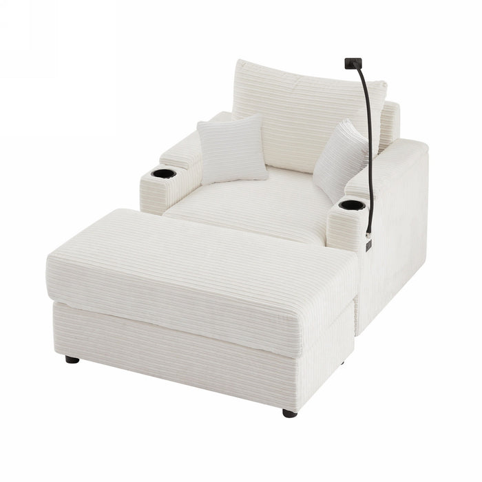 Single Sofa Couch With Storage Space, Movable Ottoman, USB Ports, Cup Holders, Phone Holder