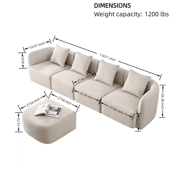 L-Shaped Modular Sectional Sofa With Ottoman, Living Room Furniture Set - Beige