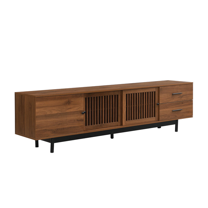 TV Stand, Media Console With 2 Drawers, Soft Closing Hinges, Adjustable Shelves, Slatted Design - Walnut