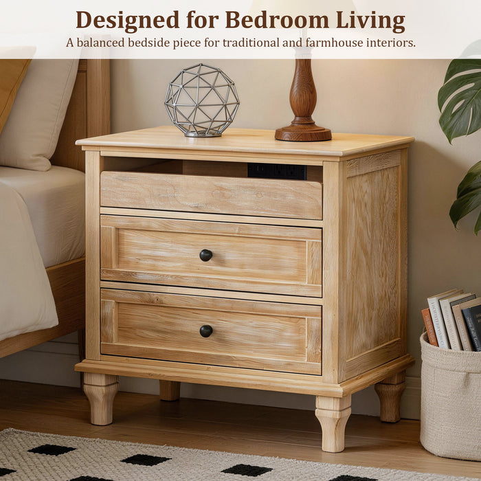 Nightstand With Charging Station, 3 Drawer Storage Table