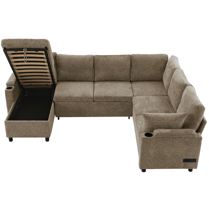 U-Shaped Sectional Sofa Bed With Storage, Charging Ports, And Cup Holders - Brown
