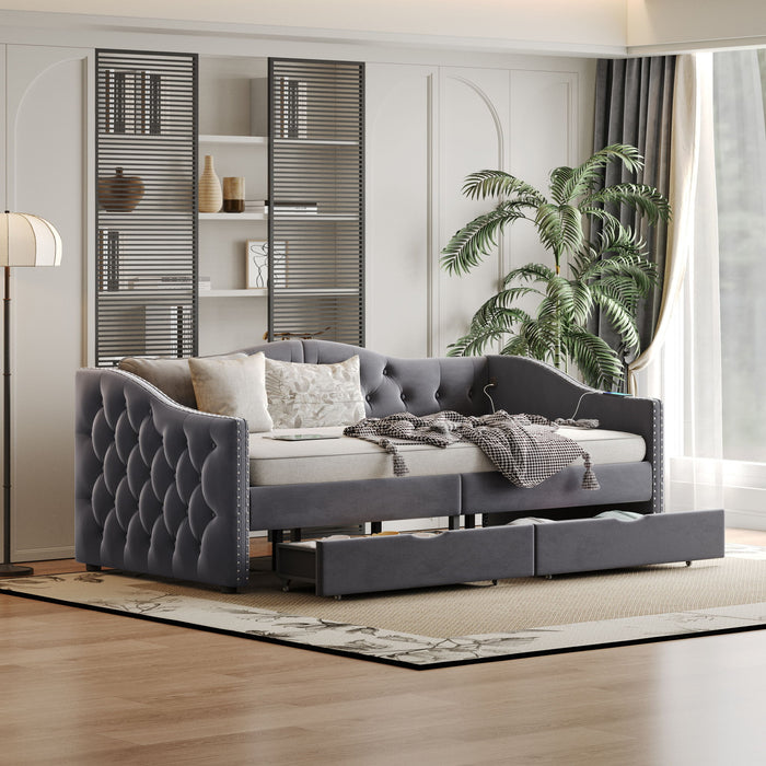 Full Size Bed Frame, Upholstered Cloud Bed Frame With Headboard, 2 Storage Drawers And 2 USB Charging Design, No Box Spring Needed - Gray