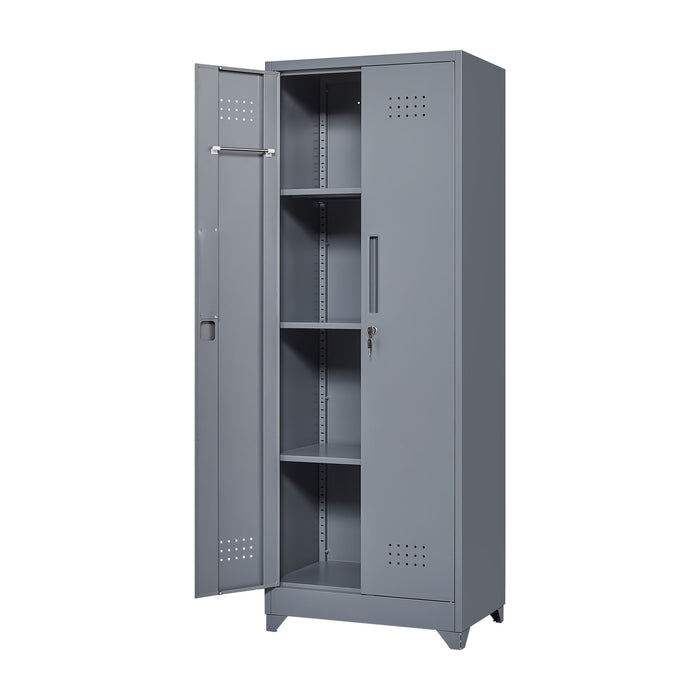 Heavy Duty Storage Cabinet With Locking Doors, Hanging Rod & Shelves, Broom Closet - Gray