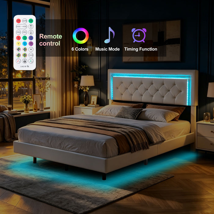 Platform Bed Frame With Adjustable Upholstered Headboard, RGB LED Lights, No Box Spring Needed