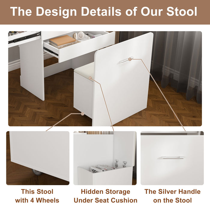 Folding Desk With Mirror And Storage Stool For Bedroom Or Apartment - White