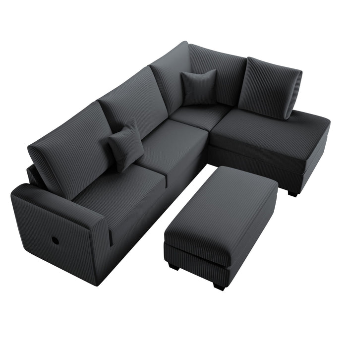Modern Style Sectional Set With USB Port, Storage Ottoman