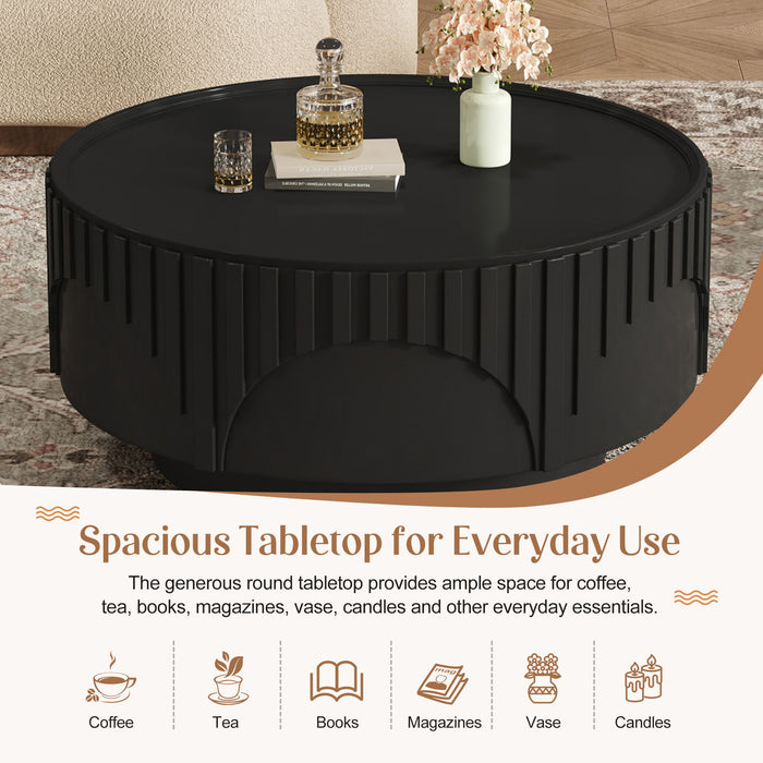 Round Fluted Drum Coffee Table With Sturdy Base For Living Room