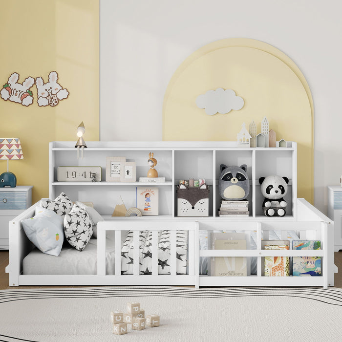 Platform Bed Frame With Guardrail, Storage Shelves & Bookshelf