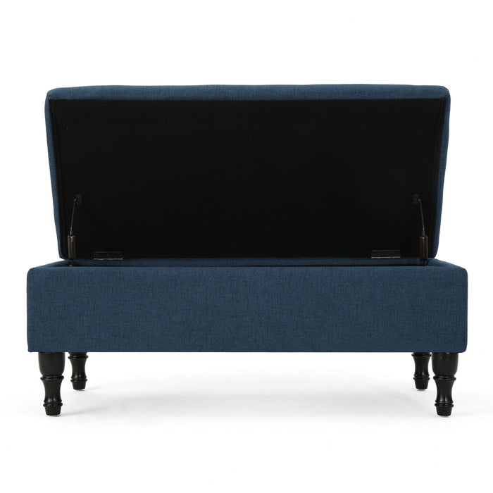 Hyatt - Suede Storage Ottoman With Tufted Top And Dark Wooden Legs - Navy Blue