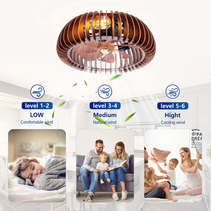 Semicircle Flush Mount Fan Light, (No Included Bulbs) And Remote Control, 6 Speeds, Quiet DC Motor For Living Room - Wood