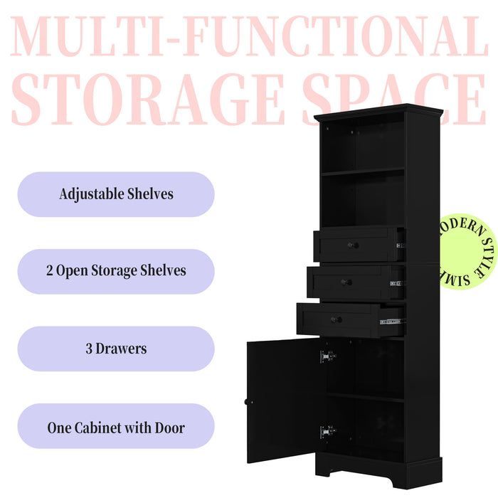 Tall Storage Cabinet With 3 Drawers And Adjustable Shelves For Bathroom