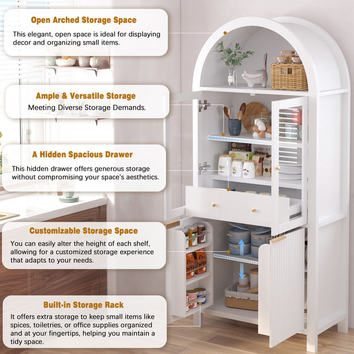 Fluted Tall Arched Pantry Cabinet With Adjustable Shelves, Glass Door & Hidden Drawer For Kitchen